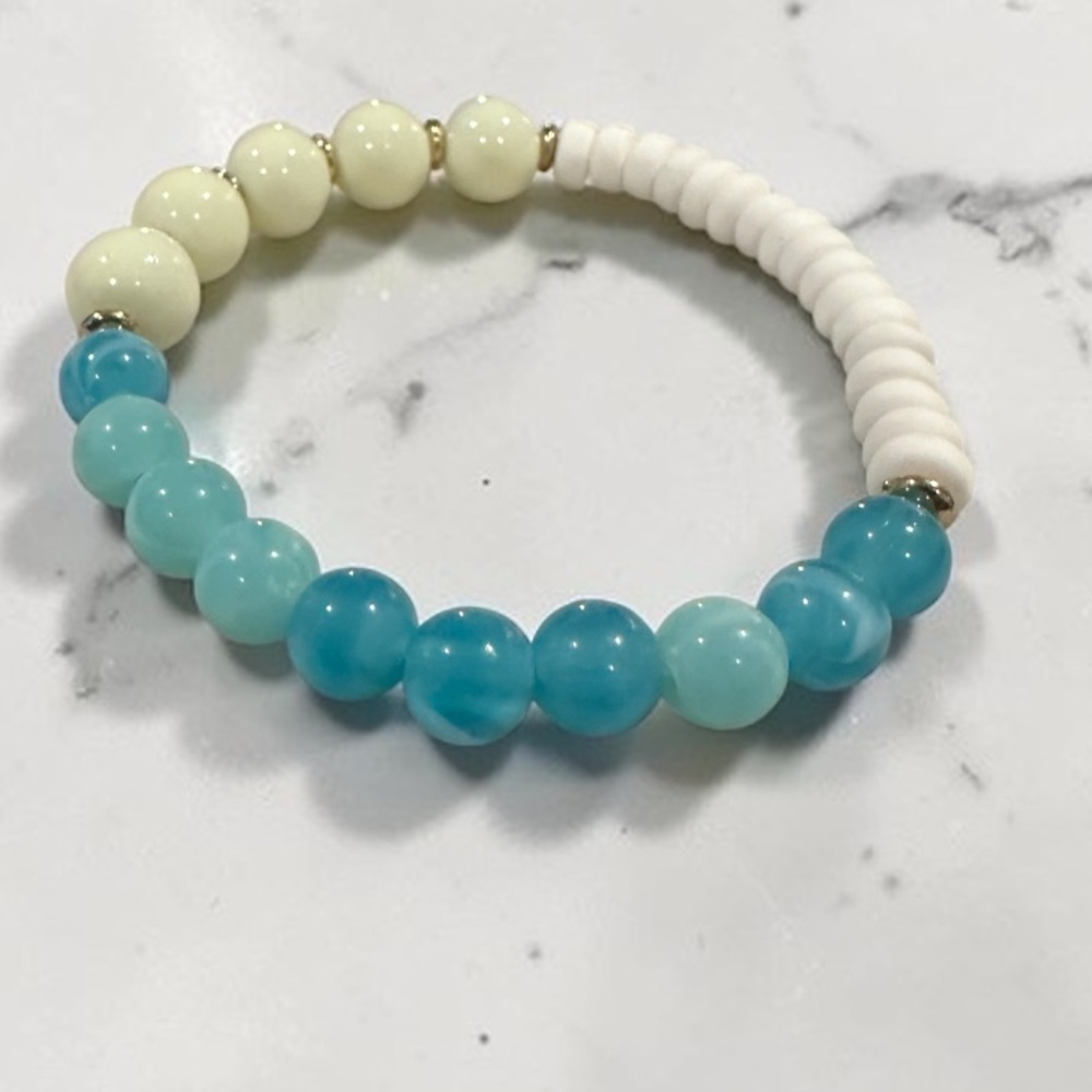 Turquoise and Cream Colored Beaded Stretch Bracelet Coastal Boutique Stack Style